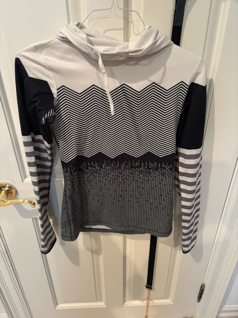 Nike White and Black Striped Hooded Dri-Fit Top